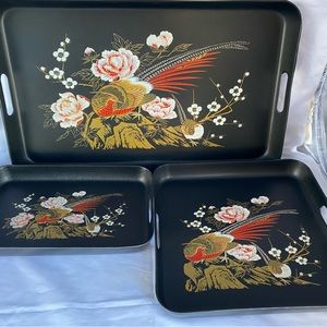 Vintage 3 Piece Hand Painted Lacquer Ware Nested Tray Set Pheasant & Florals NIB